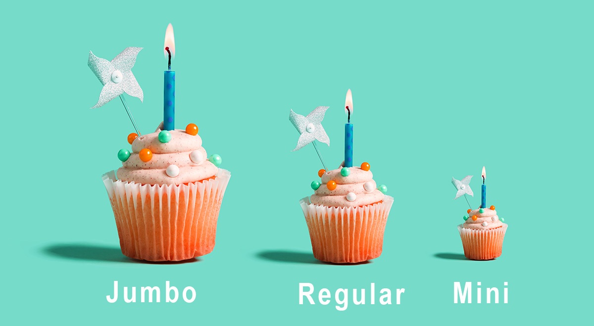 Cupcake Sizes Mini, Standard, Jumbo Muffin Cup Dimension